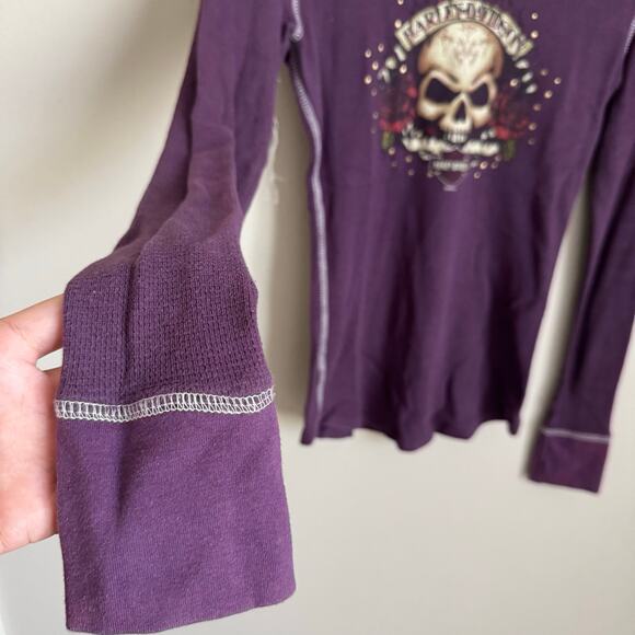 Vintage Y2K Harley Davidson Women Purple Longsleeve Size Medium Skull Biker Punk - Picture 5 of 13